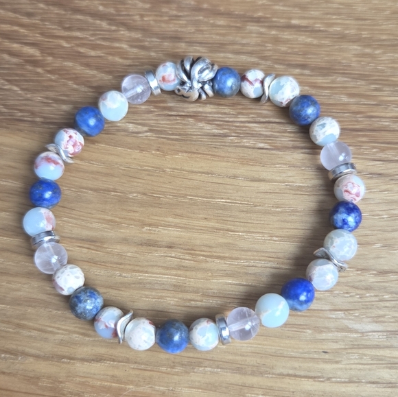 Aqua Terra Jasper & Lapis Lazuli Stretch Beads Bracelet, Hand Crafted - Picture 5 of 8